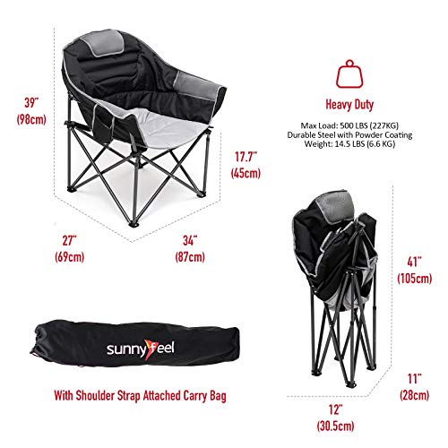 SUNNYFEEL Oversized Heated Camping Chair, Padded Camp Chair Round Moon Saucer Folding Lawn Chair Outdoor Club Chair Heavy Duty 500 LBS with Cup Holder, Armrest for Lounge Patio