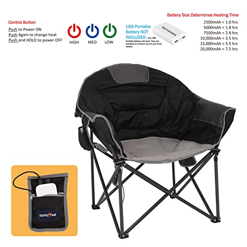 SUNNYFEEL Oversized Heated Camping Chair, Padded Camp Chair Round Moon Saucer Folding Lawn Chair Outdoor Club Chair Heavy Duty 500 LBS with Cup Holder, Armrest for Lounge Patio