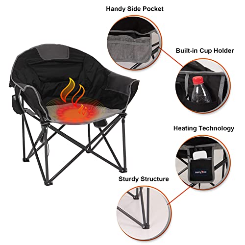 SUNNYFEEL Oversized Heated Camping Chair, Padded Camp Chair Round Moon Saucer Folding Lawn Chair Outdoor Club Chair Heavy Duty 500 LBS with Cup Holder, Armrest for Lounge Patio