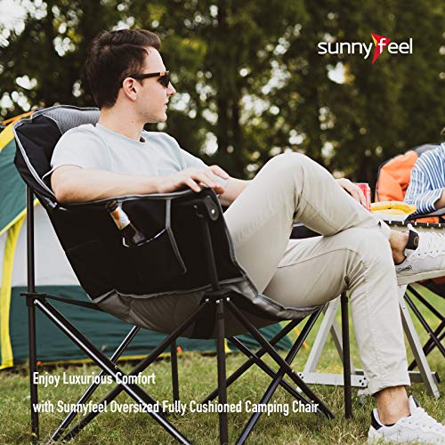 SUNNYFEEL Oversized Heated Camping Chair, Padded Camp Chair Round Moon Saucer Folding Lawn Chair Outdoor Club Chair Heavy Duty 500 LBS with Cup Holder, Armrest for Lounge Patio