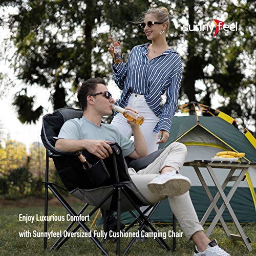 SUNNYFEEL Oversized Heated Camping Chair, Padded Camp Chair Round Moon Saucer Folding Lawn Chair Outdoor Club Chair Heavy Duty 500 LBS with Cup Holder, Armrest for Lounge Patio