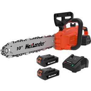 maxlander 10-inch battery operated chainsaw, 20v cordless chainsaw, 2 pcs 2.0ah batteries with charger, auto-tension, auto-lubrication, lightweight