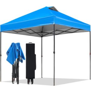 tunbne 10’x10′ pop up canopy tent with vented roof, instant shade canopy for parties beach outdoor, one push easy setup tent with wheeled frame heavy duty and storage case, 8 stakes, 4 ropes (blue)