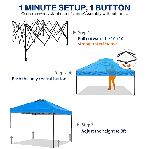 Tunbne 10'x10' Pop Up Canopy Tent with Vented Roof, Instant Shade Canopy for Parties Beach Outdoor, One Push Easy Setup Tent with Wheeled Frame Heavy Duty and Storage Case, 8 Stakes, 4 Ropes (Blue)