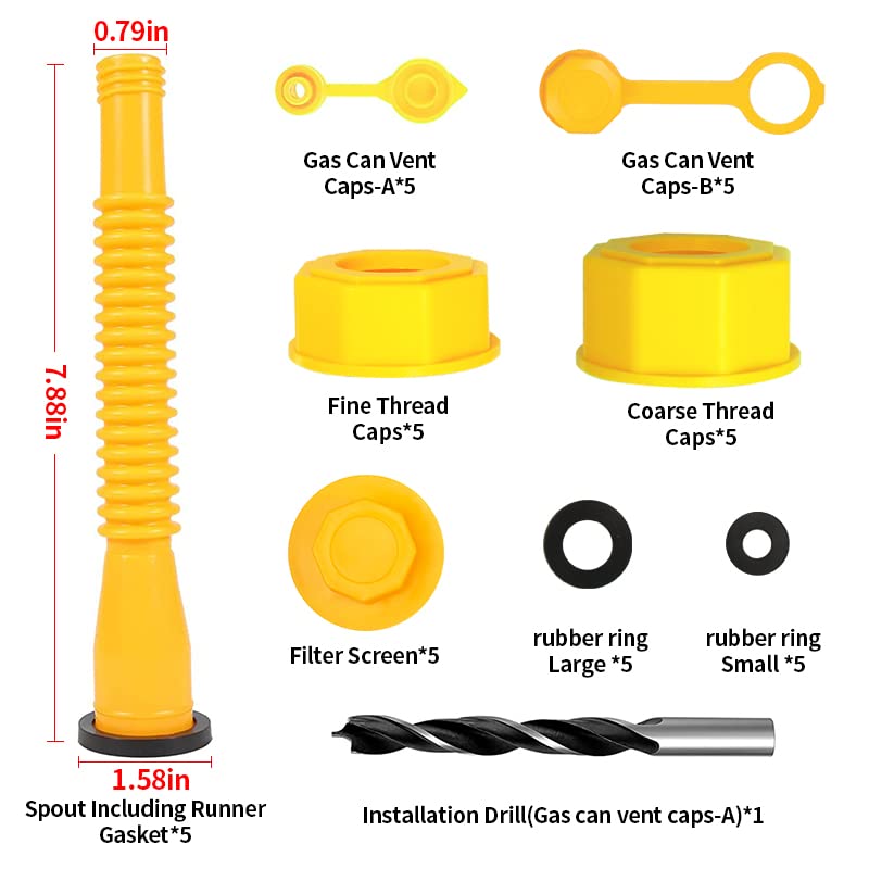 5 Pcs Gas Can Spout Replacement, Gas Spouts, Nozzle Stoppers, Gas Can Nozzle, Gas Can Mount, Gas Can Gasket, Gas Can Vent Caps, 5 Gallon Gas Can