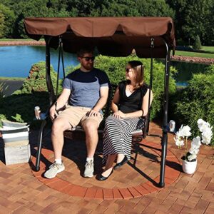 Sunnydaze 2-Seater Outdoor Rattan Patio Swing with Adjustable Tilt Canopy, Striped 2 Pillows and Seat Cushion, Brown
