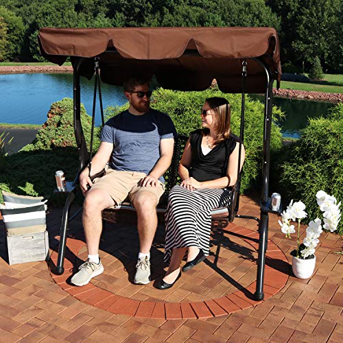 Sunnydaze 2-Seater Outdoor Rattan Patio Swing with Adjustable Tilt Canopy, Striped 2 Pillows and Seat Cushion, Brown