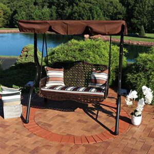 Sunnydaze 2-Seater Outdoor Rattan Patio Swing with Adjustable Tilt Canopy, Striped 2 Pillows and Seat Cushion, Brown