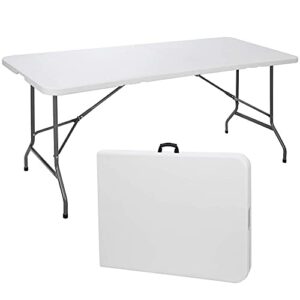 zenstyle 6 ft indoor outdoor heavy duty plastic folding table portable picnic table fold-in-half utility table w/handle and steel legs for camping, dining, party, 71 x 27 inch, white