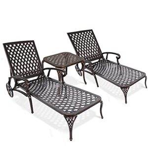 homefun chaise lounge outdoor, cast aluminum lounge chairs set of 2 for outside pool lounge tanning chairs with adjustable backrest and moveable wheels end table included, bronze