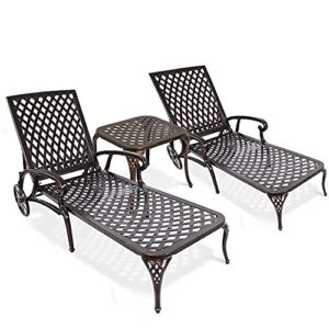 HOMEFUN Chaise Lounge Outdoor, Cast Aluminum Lounge Chairs Set of 2 for Outside Pool Lounge Tanning Chairs with Adjustable Backrest and Moveable Wheels End Table Included, Bronze