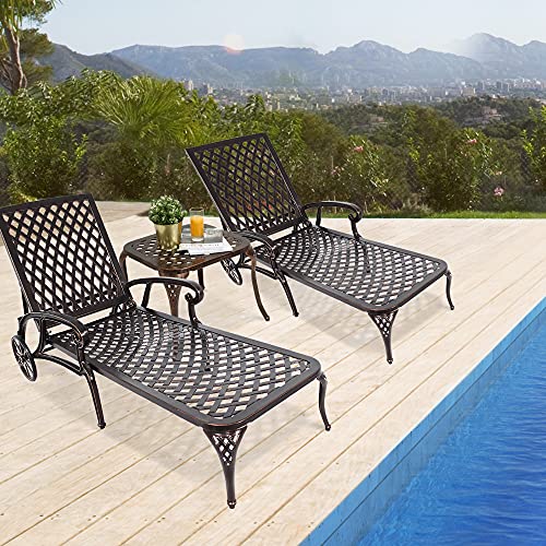 HOMEFUN Chaise Lounge Outdoor, Cast Aluminum Lounge Chairs Set of 2 for Outside Pool Lounge Tanning Chairs with Adjustable Backrest and Moveable Wheels End Table Included, Bronze