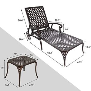 HOMEFUN Chaise Lounge Outdoor, Cast Aluminum Lounge Chairs Set of 2 for Outside Pool Lounge Tanning Chairs with Adjustable Backrest and Moveable Wheels End Table Included, Bronze