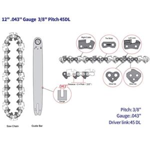 Abroman 2 Pack R45 90px045G Chain 12" Chainsaw Chain 3/8" Pitch .043" Gauge 45DL fits for De-Walt DCCS620 Ryobi RY40500 Black & Decker LCS1240B Worx WG380 Echo CS2511T Craftsman Saw