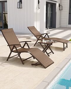 crestlive products folding patio chaise lounge chair for outside aluminum adjustable outdoor pool recliner chair, brown frame, 8 positions (2pcs brown lounge chair with 1pc table)