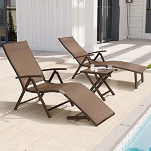 Crestlive Products Folding Patio Chaise Lounge Chair for Outside Aluminum Adjustable Outdoor Pool Recliner Chair, Brown Frame, 8 Positions (2PCS Brown Lounge Chair with 1PC Table)