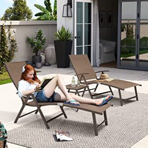 Crestlive Products Folding Patio Chaise Lounge Chair for Outside Aluminum Adjustable Outdoor Pool Recliner Chair, Brown Frame, 8 Positions (2PCS Brown Lounge Chair with 1PC Table)