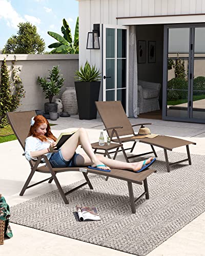 Crestlive Products Folding Patio Chaise Lounge Chair for Outside Aluminum Adjustable Outdoor Pool Recliner Chair, Brown Frame, 8 Positions (2PCS Brown Lounge Chair with 1PC Table)