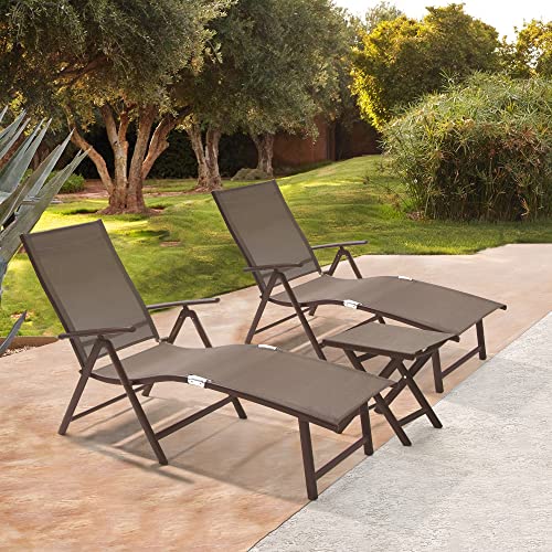 Crestlive Products Folding Patio Chaise Lounge Chair for Outside Aluminum Adjustable Outdoor Pool Recliner Chair, Brown Frame, 8 Positions (2PCS Brown Lounge Chair with 1PC Table)