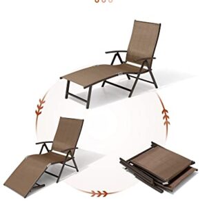 Crestlive Products Folding Patio Chaise Lounge Chair for Outside Aluminum Adjustable Outdoor Pool Recliner Chair, Brown Frame, 8 Positions (2PCS Brown Lounge Chair with 1PC Table)