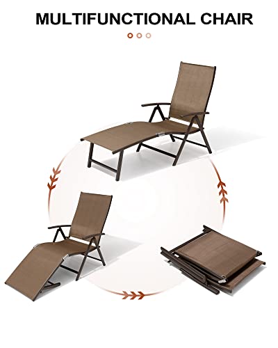 Crestlive Products Folding Patio Chaise Lounge Chair for Outside Aluminum Adjustable Outdoor Pool Recliner Chair, Brown Frame, 8 Positions (2PCS Brown Lounge Chair with 1PC Table)