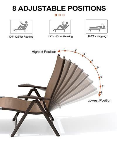 Crestlive Products Folding Patio Chaise Lounge Chair for Outside Aluminum Adjustable Outdoor Pool Recliner Chair, Brown Frame, 8 Positions (2PCS Brown Lounge Chair with 1PC Table)