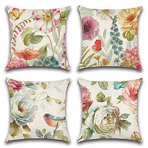 Artscope Set of 4 Waterproof Throw Pillow Covers 18x18 Inches, Colorful Flowers Bird and Butterfly Pattern Decorative Cushion Covers, Perfect to Outdoor Patio Garden Living Room Sofa Farmhouse Decor