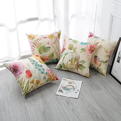 Artscope Set of 4 Waterproof Throw Pillow Covers 18x18 Inches, Colorful Flowers Bird and Butterfly Pattern Decorative Cushion Covers, Perfect to Outdoor Patio Garden Living Room Sofa Farmhouse Decor