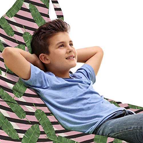 Ambesonne Tropical Lounger Chair Bag, Banana Leaves on Minimal Horizontal and Diagonal Brushstroke Stripes, High Capacity Storage with Handle Container, Lounger Size, Pale Pink Olive Green