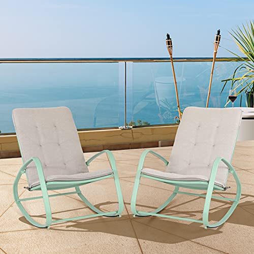 PHI VILLA Outdoor Patio Metal Rocking Chair, Padded Modern Rocker Chairs with Cushion, Support 301lbs for Porch, Deck, Balcony or Indoor Use (2PCS, Green)