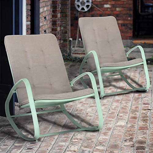 PHI VILLA Outdoor Patio Metal Rocking Chair, Padded Modern Rocker Chairs with Cushion, Support 301lbs for Porch, Deck, Balcony or Indoor Use (2PCS, Green)