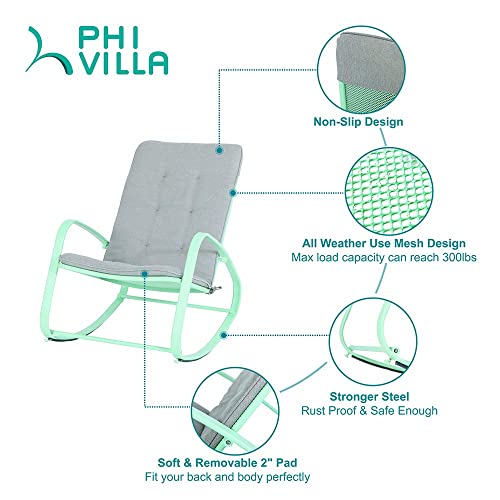 PHI VILLA Outdoor Patio Metal Rocking Chair, Padded Modern Rocker Chairs with Cushion, Support 301lbs for Porch, Deck, Balcony or Indoor Use (2PCS, Green)