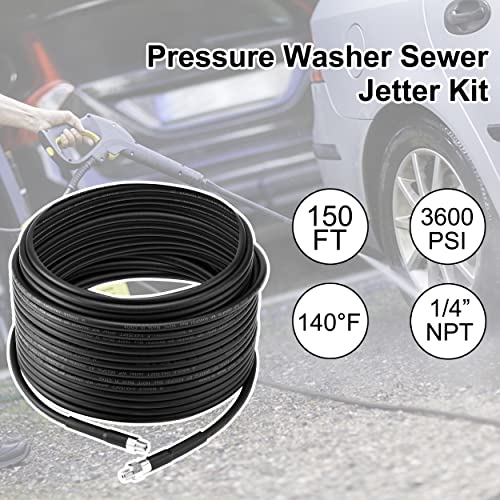 M MINGLE 150 Feet Sewer Jetter Kit for Pressure Washer, 1/4 Inch NPT, Drain Cleaning Hose, Button Nose, and Rotating Sewer Jetting Nozzle, Orifice 4.0, 4.5, 3600 PSI