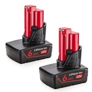 ahomtikk 2pack 12v 6.0ah replacement battery for milwaukee m12 lithium ion battery compatible with xc 48-11-2440 48-11-2460 48-11-2420 48-11-2411 48-11-2402 cordless power tools