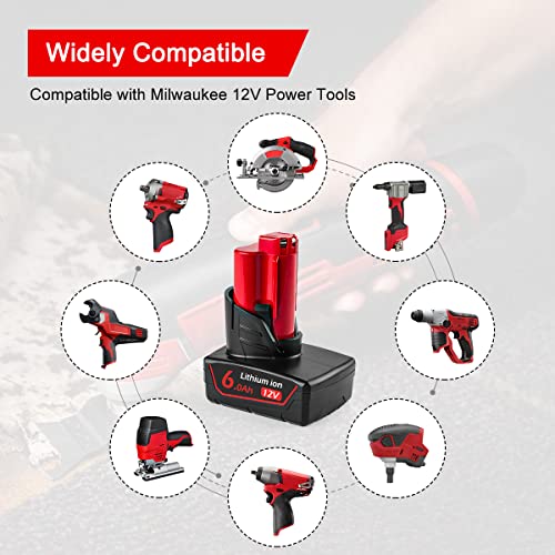 Ahomtikk 2Pack 12V 6.0Ah Replacement Battery for Milwaukee M12 Lithium ion Battery Compatible with XC 48-11-2440 48-11-2460 48-11-2420 48-11-2411 48-11-2402 Cordless Power Tools