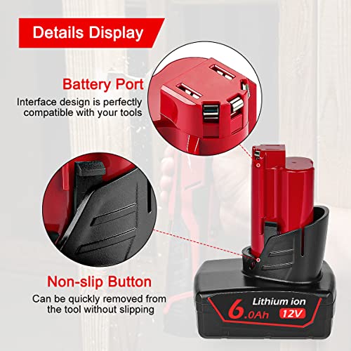 Ahomtikk 2Pack 12V 6.0Ah Replacement Battery for Milwaukee M12 Lithium ion Battery Compatible with XC 48-11-2440 48-11-2460 48-11-2420 48-11-2411 48-11-2402 Cordless Power Tools