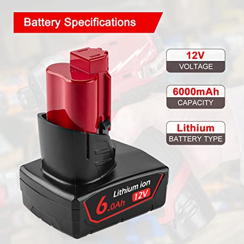 Ahomtikk 2Pack 12V 6.0Ah Replacement Battery for Milwaukee M12 Lithium ion Battery Compatible with XC 48-11-2440 48-11-2460 48-11-2420 48-11-2411 48-11-2402 Cordless Power Tools