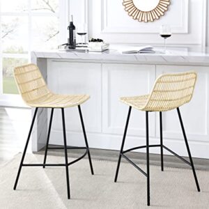 ECLYL Natural Rattan Counter Stool 25" Counter Height Bar Stools Rattan Bar Stools Indoor Stools Rattan Counter Stools Set of 2 Black Finish Steel Legs Woven Bar Stool 17.5" Wx20 Dx34 H (Natural)