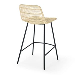 ECLYL Natural Rattan Counter Stool 25" Counter Height Bar Stools Rattan Bar Stools Indoor Stools Rattan Counter Stools Set of 2 Black Finish Steel Legs Woven Bar Stool 17.5" Wx20 Dx34 H (Natural)