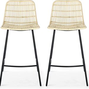 ECLYL Natural Rattan Counter Stool 25" Counter Height Bar Stools Rattan Bar Stools Indoor Stools Rattan Counter Stools Set of 2 Black Finish Steel Legs Woven Bar Stool 17.5" Wx20 Dx34 H (Natural)