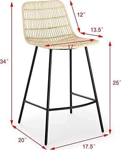 ECLYL Natural Rattan Counter Stool 25" Counter Height Bar Stools Rattan Bar Stools Indoor Stools Rattan Counter Stools Set of 2 Black Finish Steel Legs Woven Bar Stool 17.5" Wx20 Dx34 H (Natural)