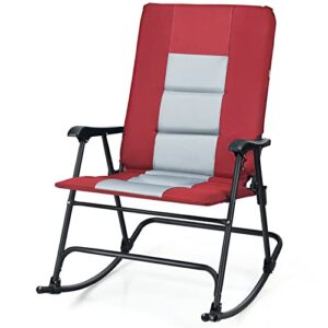 tangkula folding rocking chair, foldable camping rocking chair with padded seat high back & armrest, support 350 lbs, portable chair for indoor outdoor patio lawn backyard (1, red)