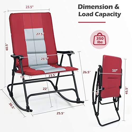 Tangkula Folding Rocking Chair, Foldable Camping Rocking Chair with Padded Seat High Back & Armrest, Support 350 lbs, Portable Chair for Indoor Outdoor Patio Lawn Backyard (1, Red)