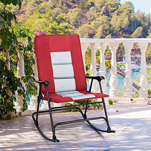 Tangkula Folding Rocking Chair, Foldable Camping Rocking Chair with Padded Seat High Back & Armrest, Support 350 lbs, Portable Chair for Indoor Outdoor Patio Lawn Backyard (1, Red)