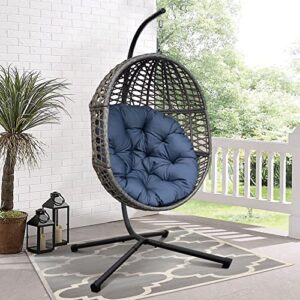 x-large luxury outdoor hanging egg chair with stand, heavy duty wicker porch swing sets for outdoor patio balcony garden decoration, all-weather egg-shaped hammock swing chair with navy blue cushion