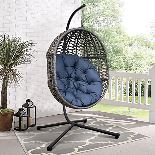 X-Large Luxury Outdoor Hanging Egg Chair with Stand, Heavy Duty Wicker Porch Swing Sets for Outdoor Patio Balcony Garden Decoration, All-Weather Egg-Shaped Hammock Swing Chair with Navy Blue Cushion