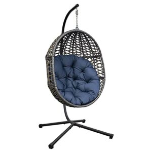 X-Large Luxury Outdoor Hanging Egg Chair with Stand, Heavy Duty Wicker Porch Swing Sets for Outdoor Patio Balcony Garden Decoration, All-Weather Egg-Shaped Hammock Swing Chair with Navy Blue Cushion