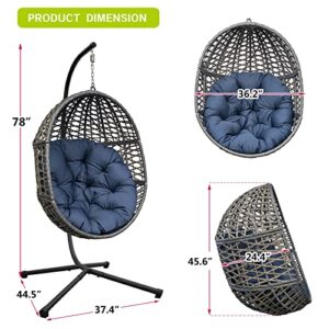 X-Large Luxury Outdoor Hanging Egg Chair with Stand, Heavy Duty Wicker Porch Swing Sets for Outdoor Patio Balcony Garden Decoration, All-Weather Egg-Shaped Hammock Swing Chair with Navy Blue Cushion