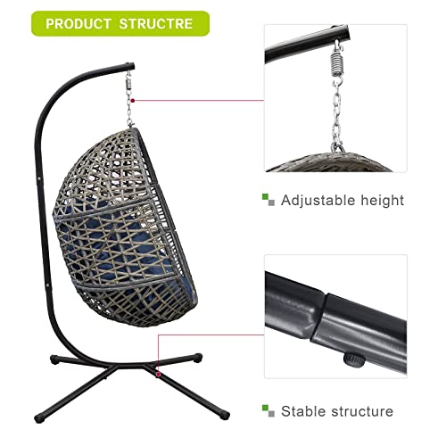 X-Large Luxury Outdoor Hanging Egg Chair with Stand, Heavy Duty Wicker Porch Swing Sets for Outdoor Patio Balcony Garden Decoration, All-Weather Egg-Shaped Hammock Swing Chair with Navy Blue Cushion