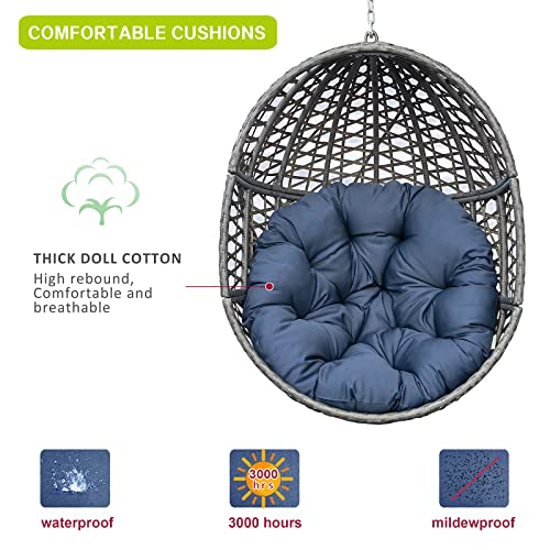 X-Large Luxury Outdoor Hanging Egg Chair with Stand, Heavy Duty Wicker Porch Swing Sets for Outdoor Patio Balcony Garden Decoration, All-Weather Egg-Shaped Hammock Swing Chair with Navy Blue Cushion
